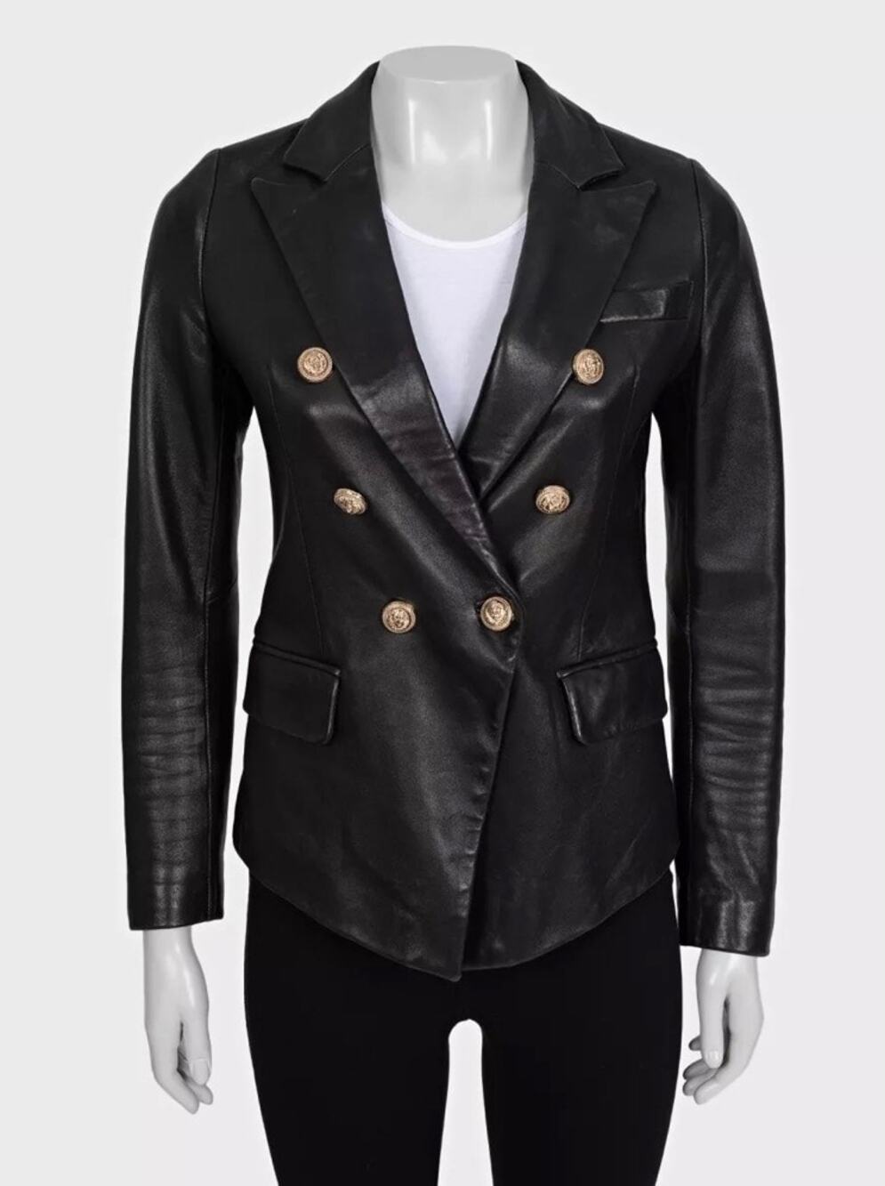 Balmain Black Leather Double-Breasted Jacket Sz.40